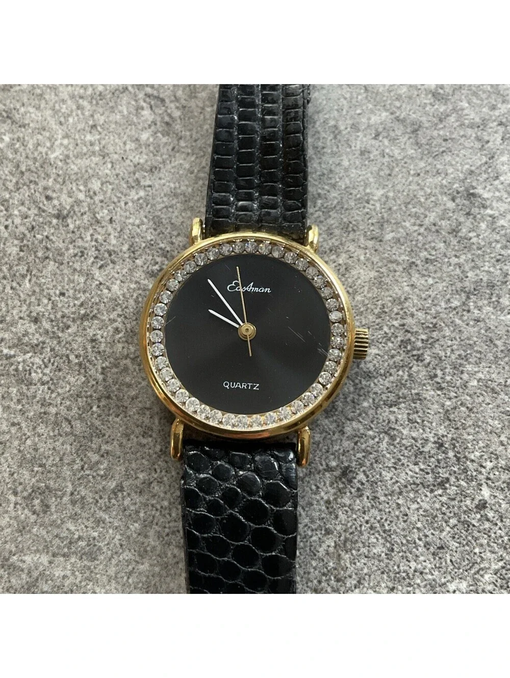 Vintage Eastman Women’s Watch 24mm Gold Tone Case Black Leather Band A12